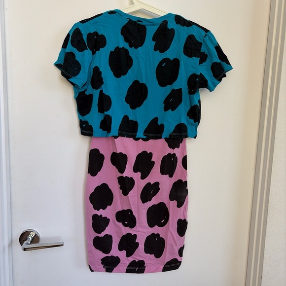 Lazy oaf Blue and Pink bodycon 2 layer Dress with Black Spots cow print - Picture 3 of 5